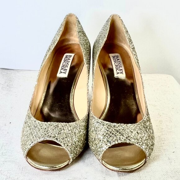 Badgley Mischka Gold Glitter Wedge Heels Size 7 1/2 - Picture 2 of 16